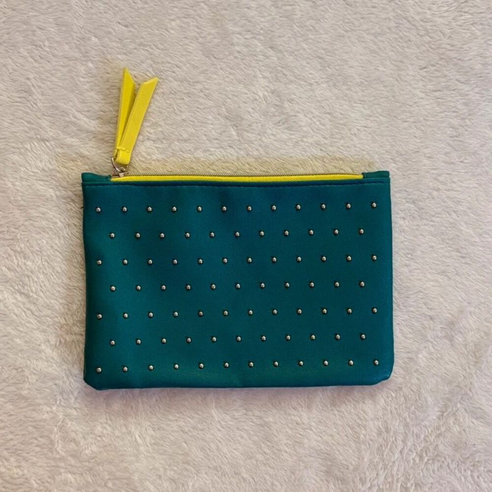 teal and green studded mini makeup cosmetics bag